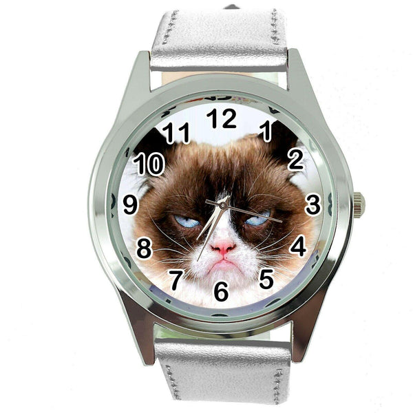 GRUMPY CAT PUSSY BAD DAY MOODY ANGRY KITTEN SILVER LEATHER FUNNY STEEL WATCH