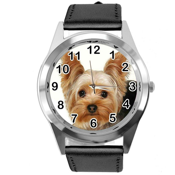 YORK YORKIE YORKSHIRE TERRIER PUPPY DOG LOVER Steel BLACK LEATHER QUARTZ WATCH