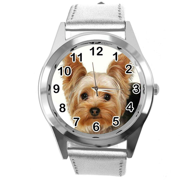 YORK YORKIE YORKSHIRE TERRIER PUPPY DOG LOVER Steel SILVER LEATHER QUARTZ WATCH