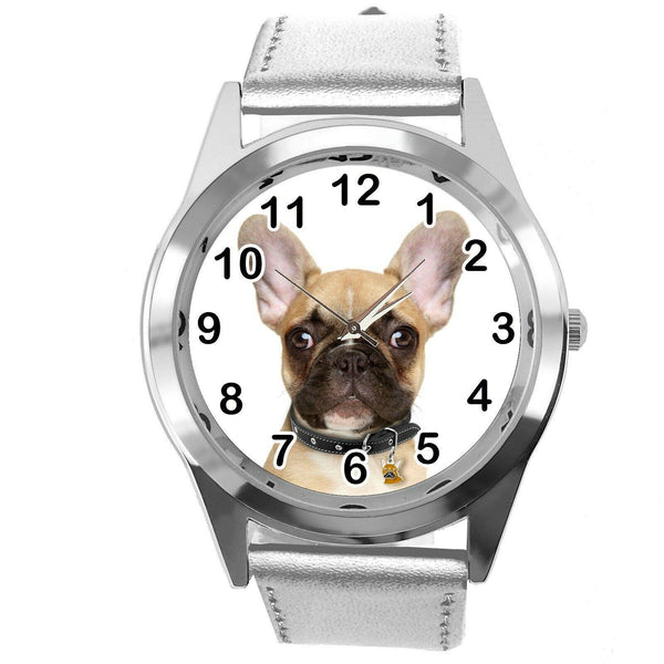 FRENCH BULLDOG FRENCHIE PUPPY DOG LOVER Steel SILVER LEATHER QUARTZ STEEL WATCH