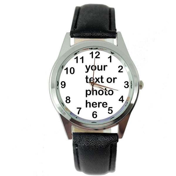 YOUR CUSTOM TEXT PHOTO WATCH Quartz Stainless Steel Black LEATHER ROUND WATCH