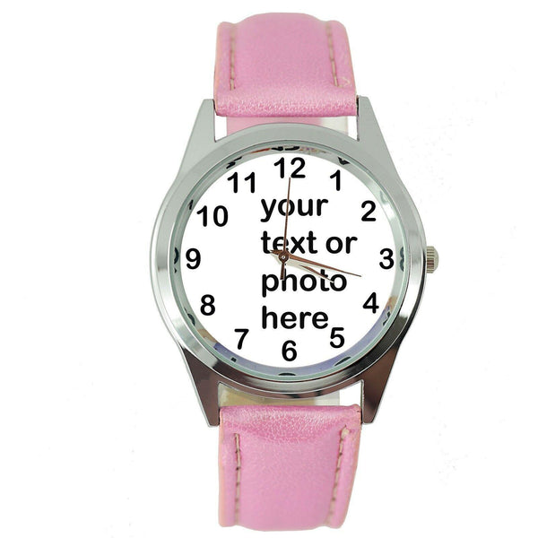 YOUR CUSTOM TEXT PHOTO WATCH Quartz Stainless Steel PINK LEATHER ROUND WATCH