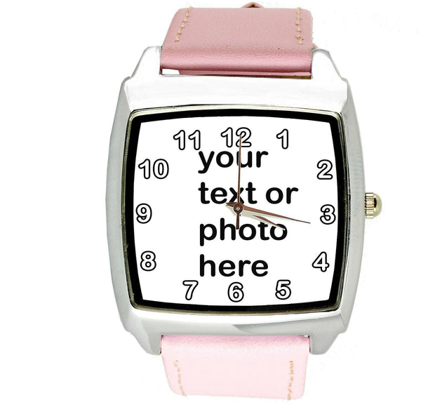 YOUR CUSTOM TEXT PHOTO WATCH Quartz Stainless Steel PINK LEATHER SQUARE WATCH