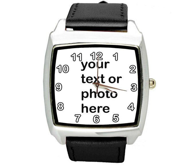 YOUR CUSTOM TEXT PHOTO WATCH Quartz Stainless Steel BLACK LEATHER SQUARE WATCH