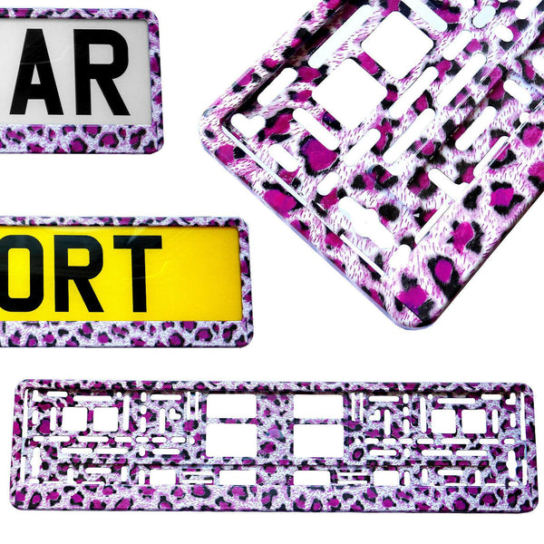 1X PURPLE LEOPARD ANIMAL PRINT Number Plate Surround Holder for CAR VAN TUNING