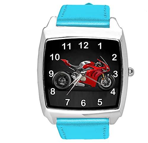 Blue Leather Quartz Square Watch for Motorbike Fans