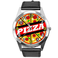 Black Leather Round Watch for Fans of Pizza